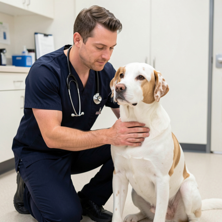 freepik male veterinarian kneeling beside mediumsized whit 73806